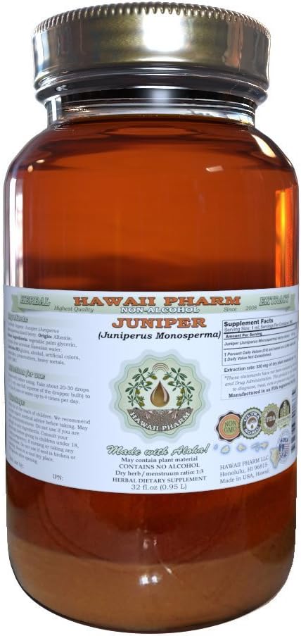 Extract lichid fără alcool Juniper, Juniper organic (Juniperus Monosperma) uscat Berry Glycerite Hawaii Pharm Supliment natural Herbal 32 oz Nefiltrat