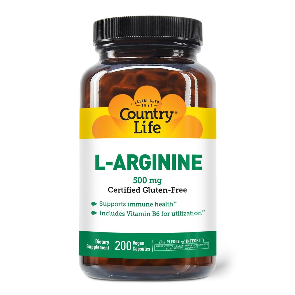 Country Life L-Arginine Caps cu vitamina B-6, 500mg, 200 Vegan capsule, Certified Gluten gratuit, Certified Vegan
