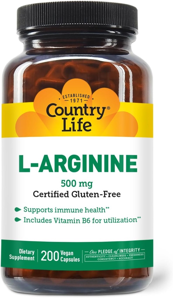 Country Life L-Arginine Caps cu vitamina B-6, 500mg, 200 Vegan capsule, Certified Gluten gratuit, Certified Vegan