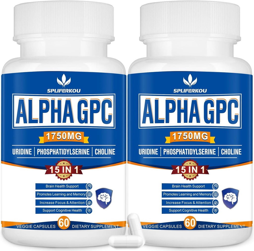 15-in-1 Alpha GPC Supliment cu fosfatidilserină, Uridină, L-Theanină, Ciupercă cu coamă de leu, 120 capsule