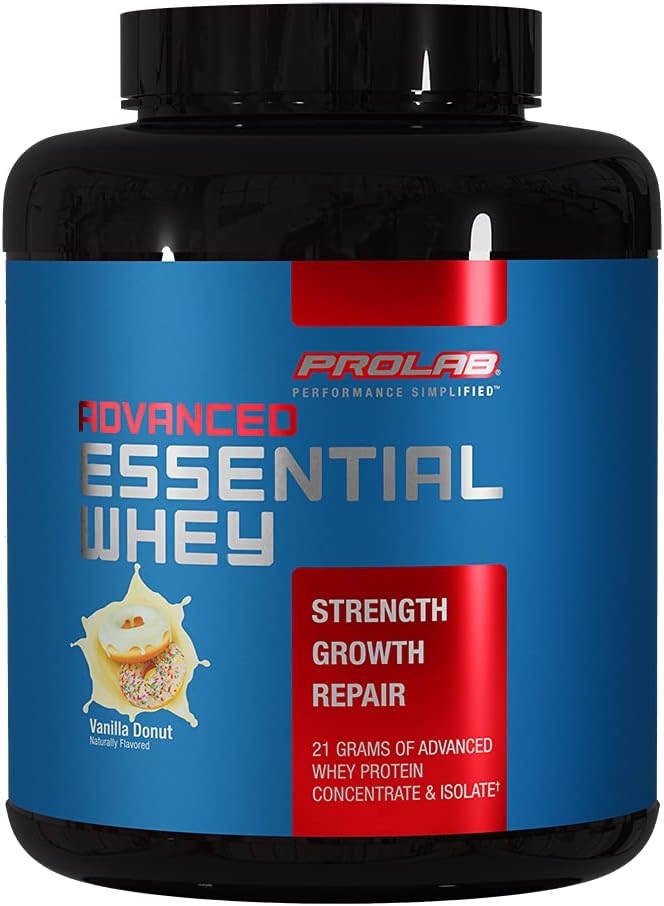 ProLab Advanced Essential Whey Proteine Powder, Whey Concentrat & Izolate Blend, 21g Proteine, BCAAs, Enzime digestive, Suport muscular & Recuperare (Vanilla Donut)