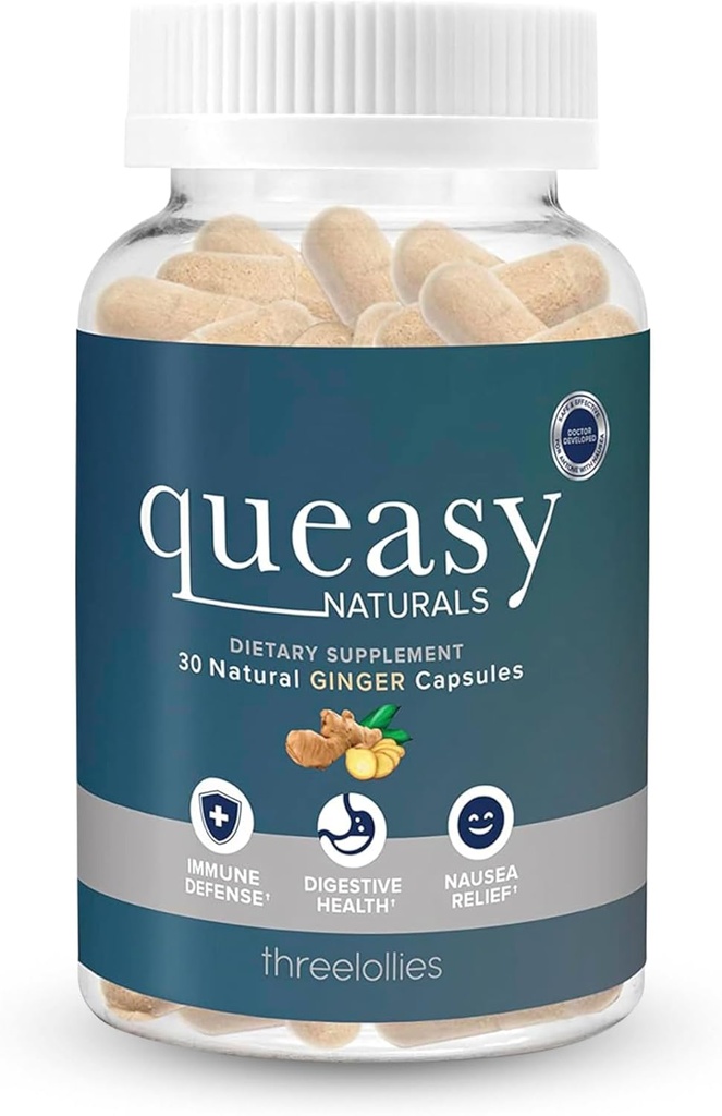 Trei Lollies Queasy Naturals Capsule de ghimbir - non-drowsy Negreață Supliment de ajutorare - Moție de boală Prevenire și Greață Ajutor în timpul chimioterapiei - 1000 mg Root Ginger - 30 Capace