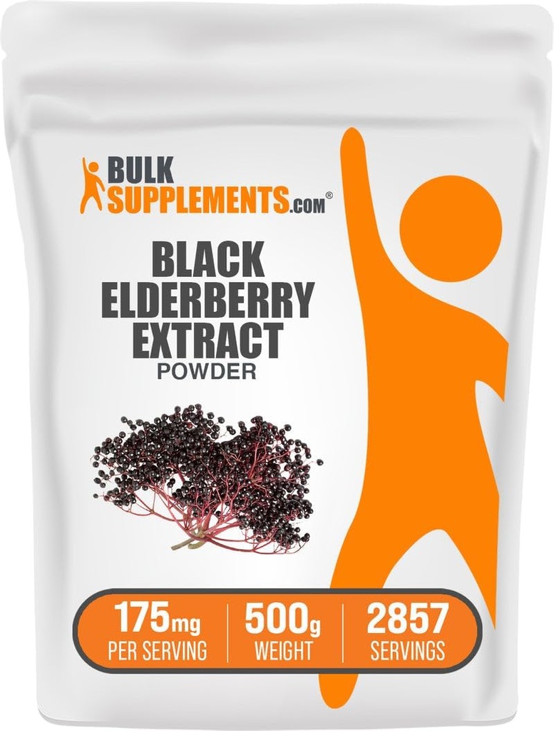 BulkSupplements.com Extract de elderberry pulbere - Elderberries Stored from Black Elderbry, Immune Supplement - Gluten Free - 175mg per Serving, 500g (1.1 lbs) (Pachet de 1)