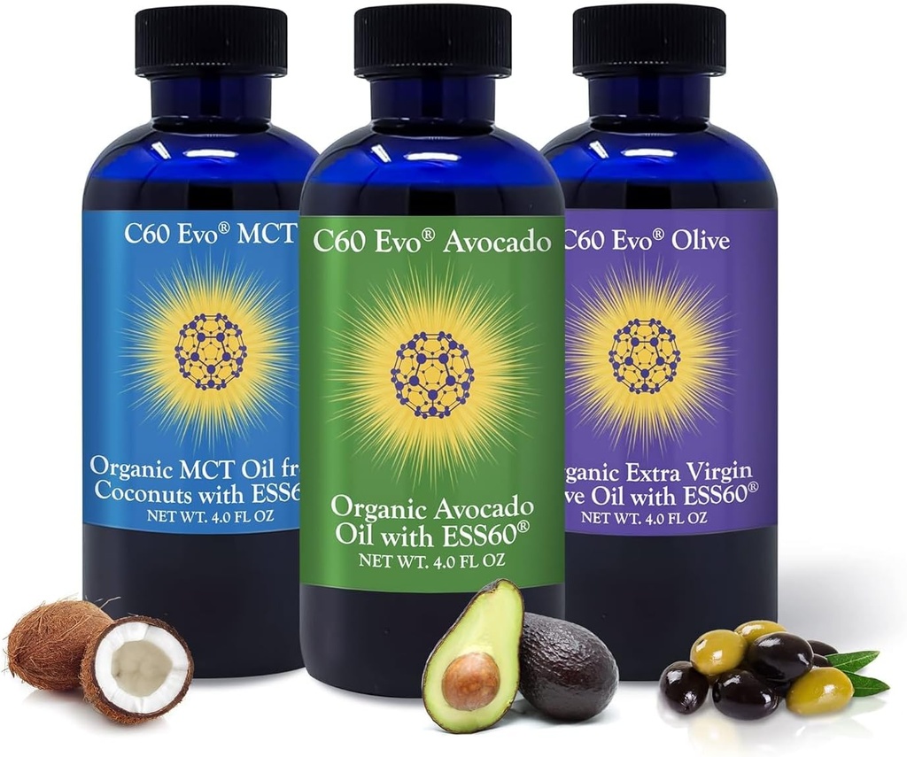 Ulei natural comestibil, Set de probe de 4 oz cu C60 ESS60 pur, Suport Immun și Supliment de sprijin comun cu ulei de măsline, ulei de avocado și ulei de cocos MCT, Set de 3, 4 oz