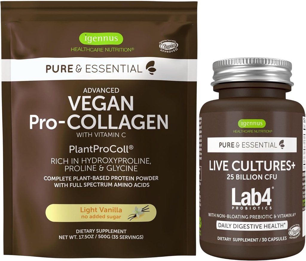 Cultura vie. Lab4 Probiotice + Vegan Vanilla Colagen Pulbere de proteine Vegan Bundle, Colagen complet Boosing Formula + 25 miliarde CFU Probiotic cu prebiotic non-balozant, de Igennus