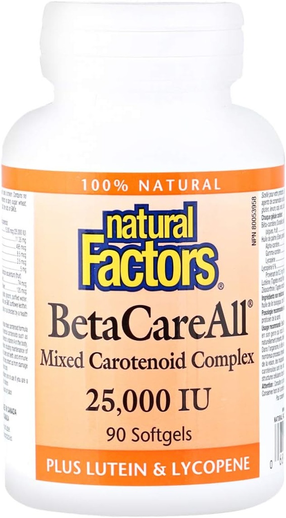 Factori naturali, BetaCareToate 25.000 UI, Vitamina A pentru piele sănătoasă, vedere şi funcţie imună, 90 Softgels