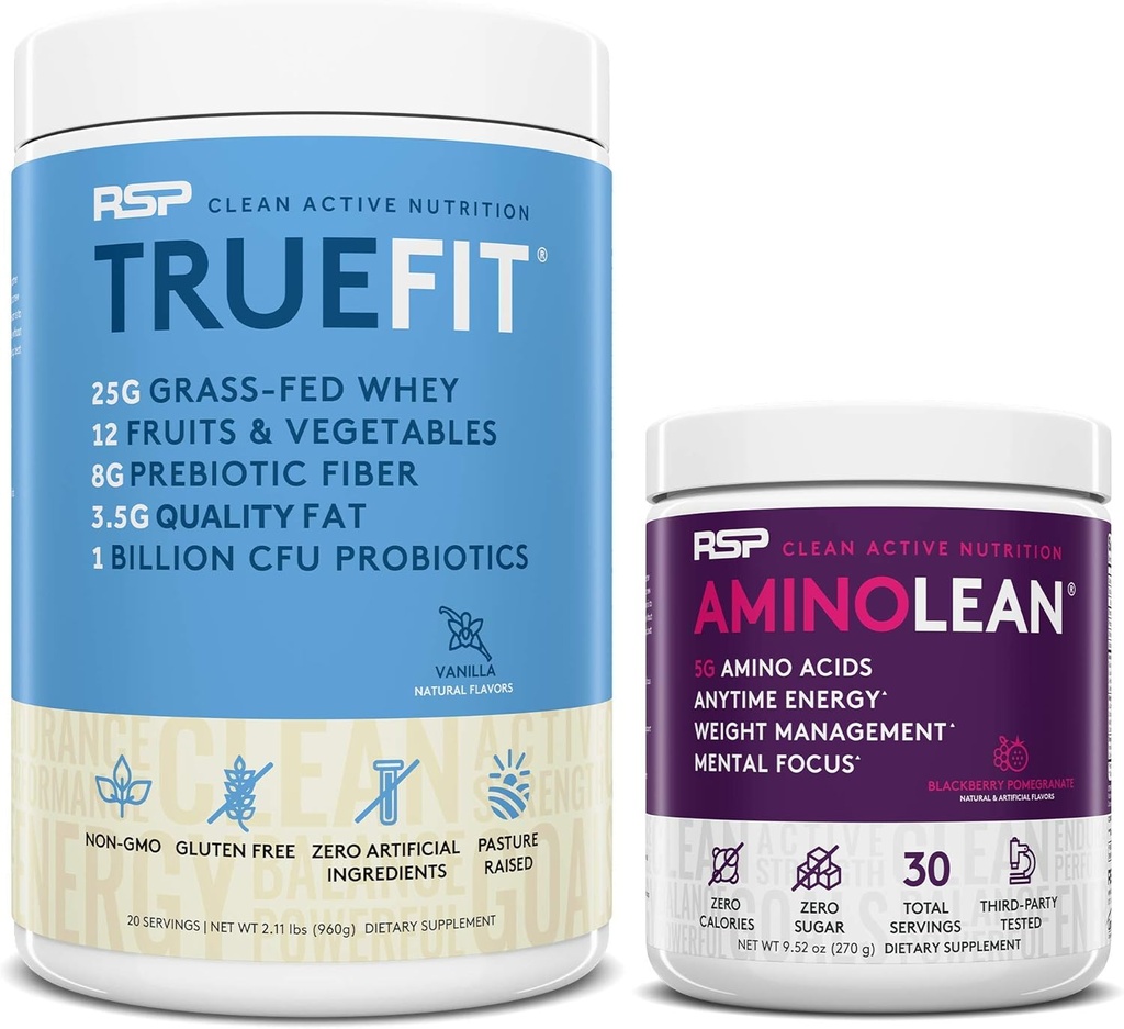 RSP NUTRITION AminoLean Pre Workout Energy (BlackBerry rodie 30 Serviri) cu TrueFit Proteine pulbere (Vanilla 2 LB)