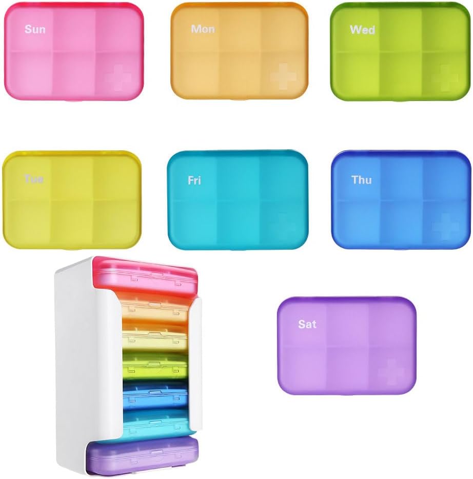 7 Piece Set Pill Organizator de 6 ori pe zi, săptămânal caz Pilula, Pilula Organizator cu Labels, Travel Pill Dispenser 7 zile cu 42 Copartmentamentele pentru medicamente/Vitamin/Fish Oil/Supplements - Curcubeu Culori