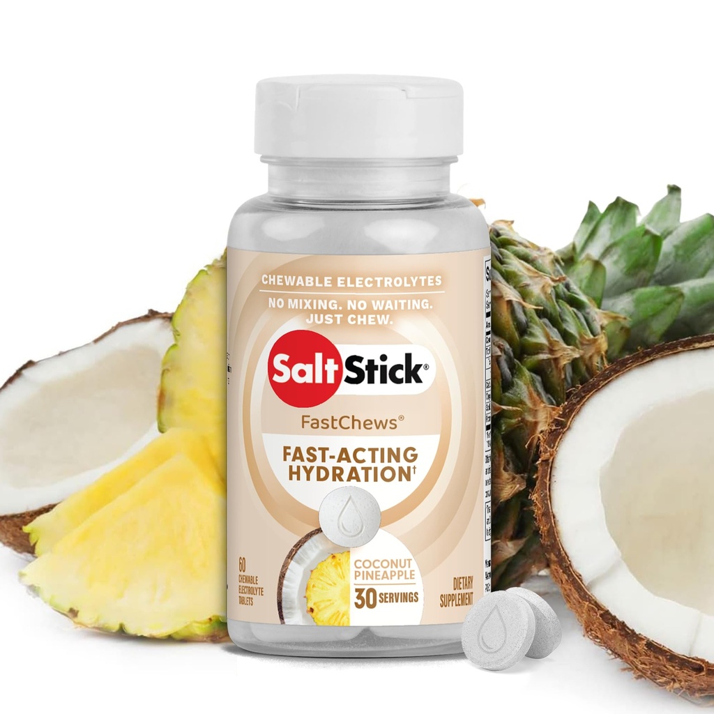 SaltStick Electrolyte FastChews - 60 de nucă de cocos Ananas Electroliți masticabile - tablete de sare pentru rulare și hidratare, Electrolit Chews - 60 Conte