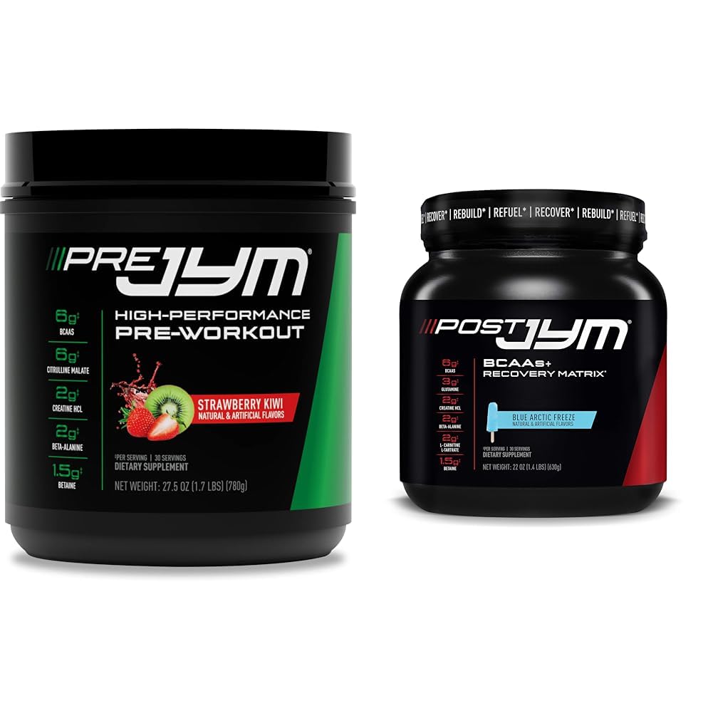 JYM Supplement Science PRE JYM 30 Servings - Strawberry Kiwi & Post-workout cu BCAA's, Glutamina, Creatine HCL, Beta-Alanine și More, Blue Arctic Freeze, 30 Servings, 22 Oz