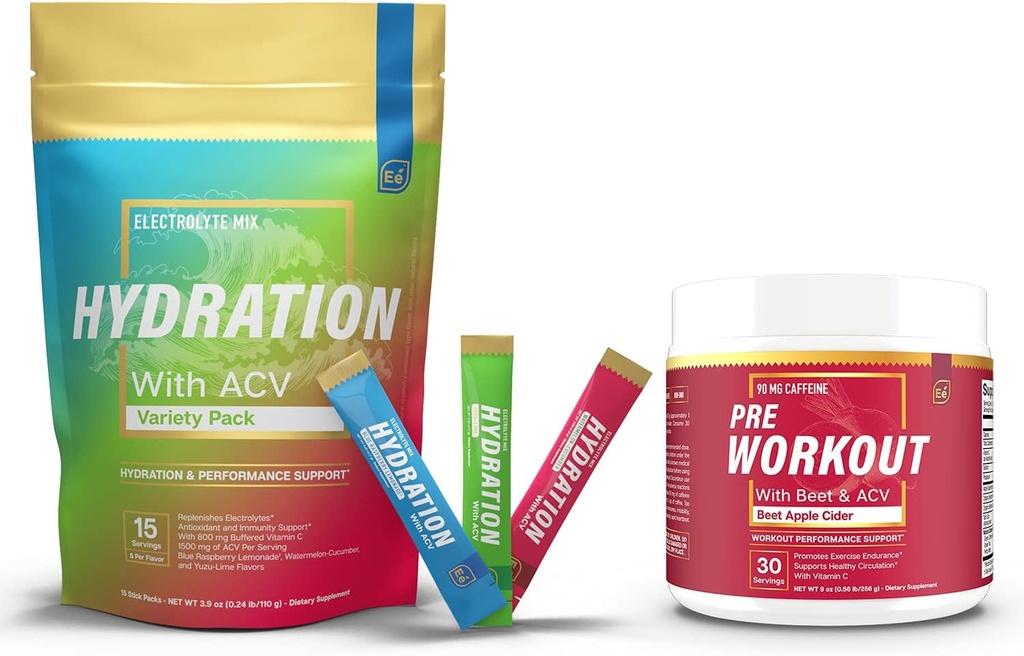 Pachete cu pulbere de hidratare fără zahăr - 15 ambalaje cu stick & PreWorkout pulbere cu ACV 