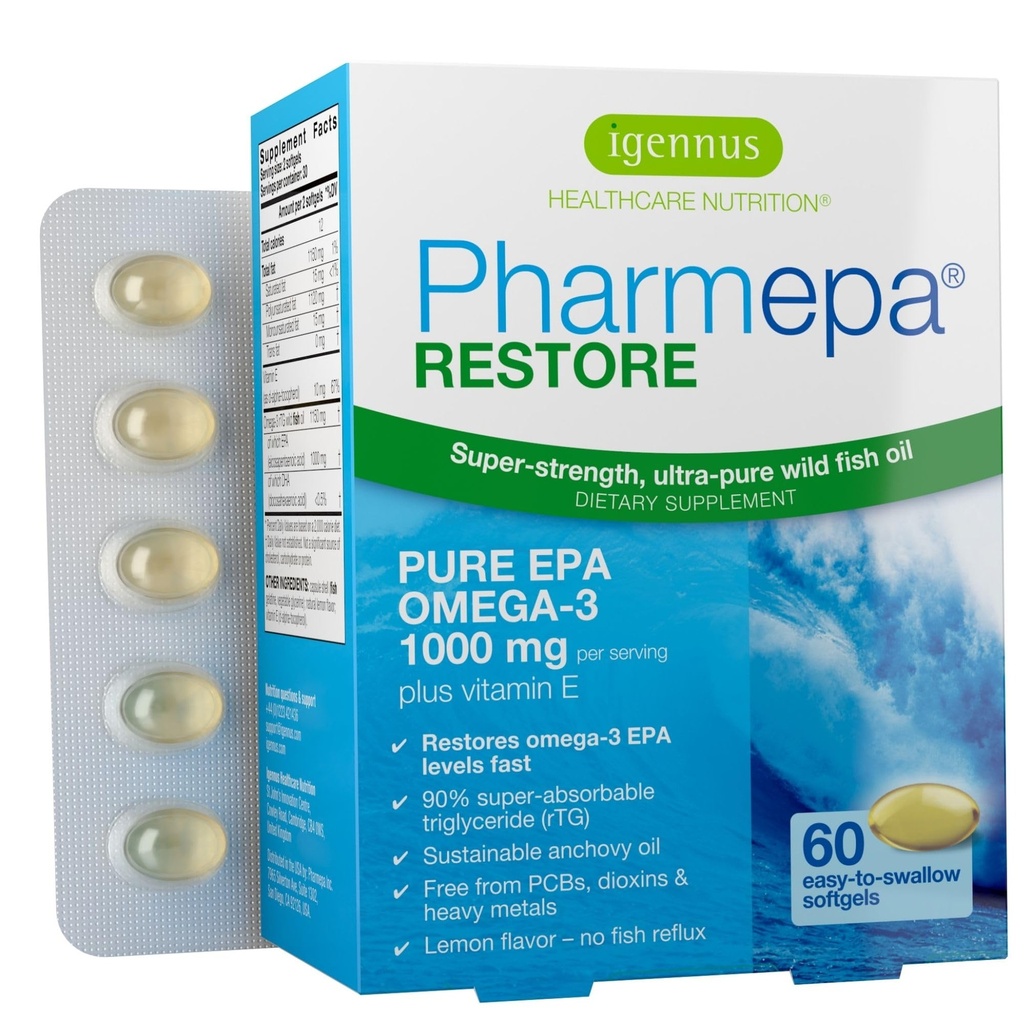 Igennus Pharmepa Restore, Pure EPA 1000mg, Omega 3 rTG Ulei de pește, IFOS Certified, Absorbție ridicată, 90% Concentrație Triple Putere, Wild & Sustenabil, Aroma de lamaie, 1-Lonth Supply, 60 Softgels