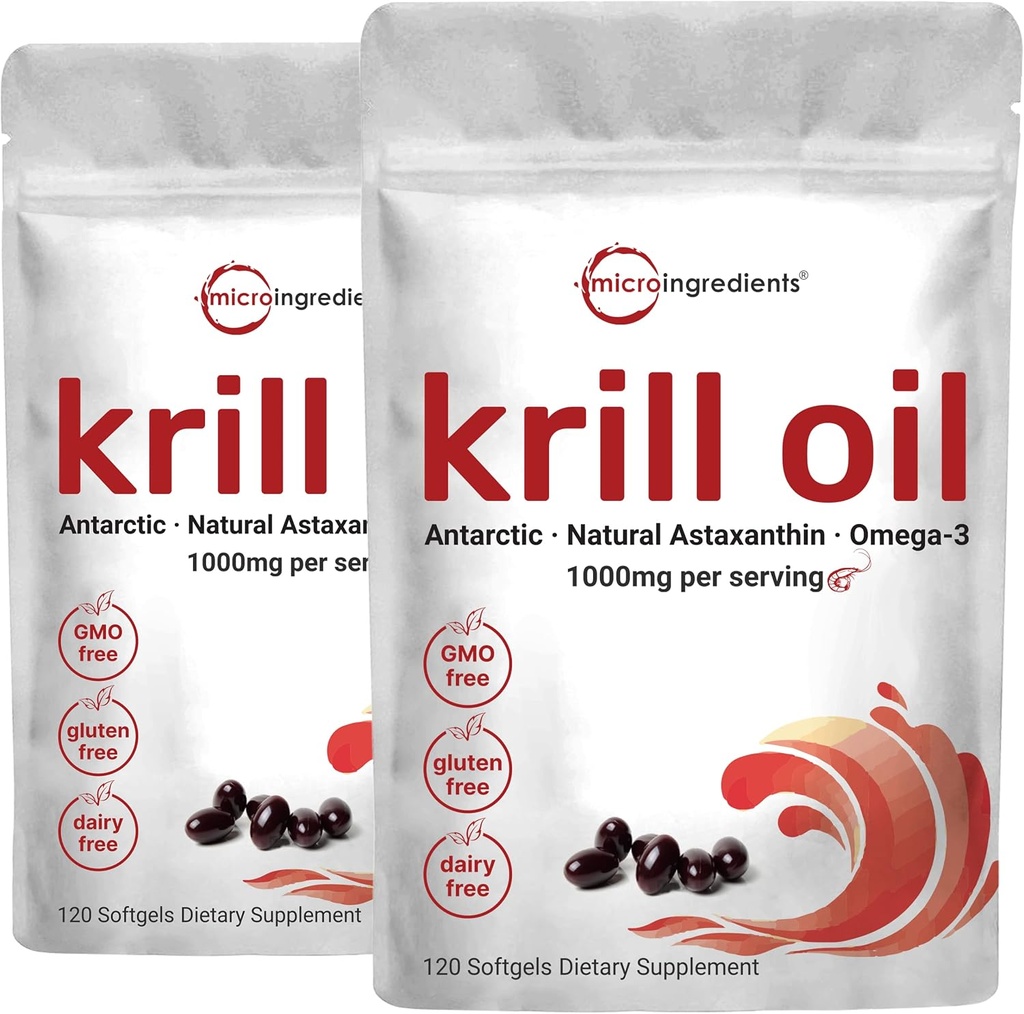2 Pack Antarctica Krill supliment ulei, 1000 mg per servire, 120 Soft-Gels fiecare, bogat în Omega-3s, EPA, DHA & Astaxanthin, Suportă sănătatea creierului, Premium Krill capsule de ulei Softgels lichid