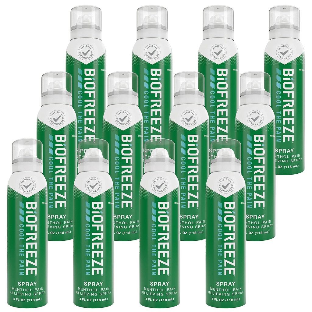 Biofreeze Mentol durere Ușurare Spray 4 FL OZ Aerosol fără culoare Spray (Pachetul de 12) pentru calmarea durerii asociate cu dureri musculare, artrită, dureri de spate simple, și dureri articulare (Packaging May Vary)