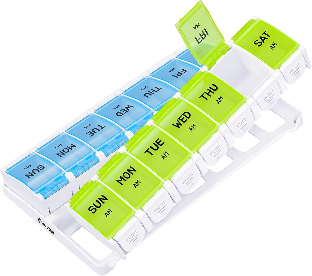 Auvon Weekly Pill Organizator 2 ori pe zi Artrita prietenos cu Spring Open Design, BPA gratuit 7 Ziua PM Cutia de pastile cu Compartimente mari separate pentru a deține 9 uleiuri de pește, Supliment, Medicamente