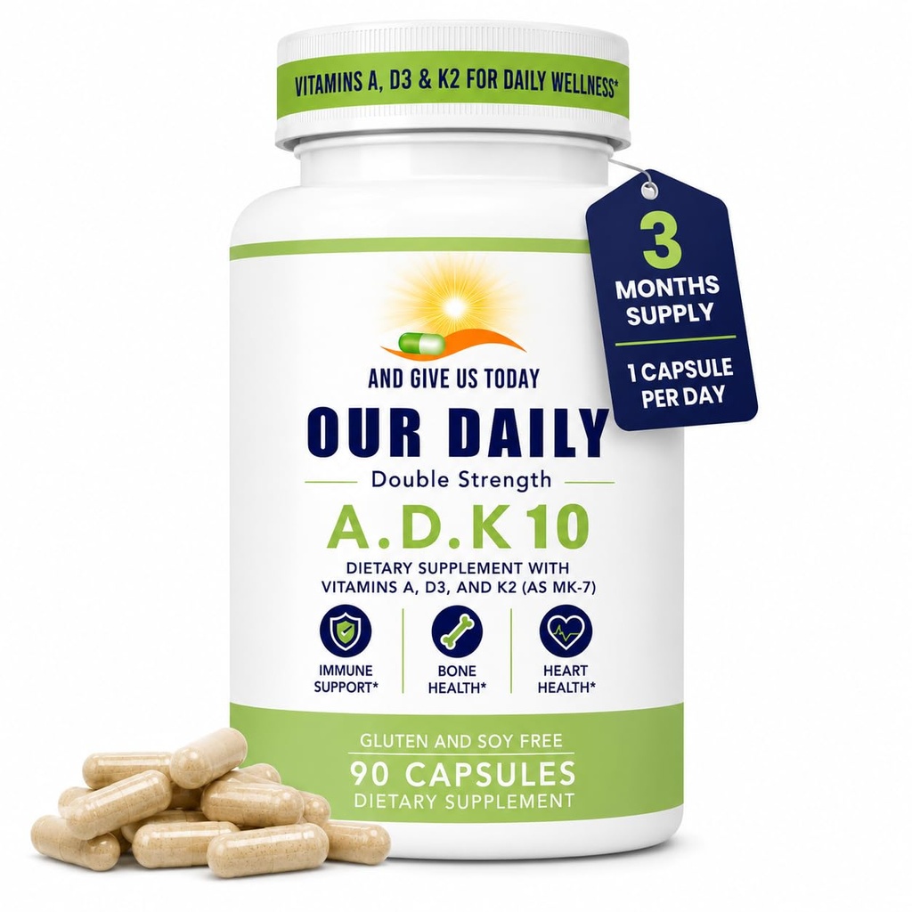 Vite zilnice ADK 10 Dublu Putere (10000 ui) Vitamine A1, D3 & K2 (sub formă de MK7) - Medic Formulat Bone & Immune System Supplement - Gluten Free, Non-GMO - 90 Capsule vegetariene
