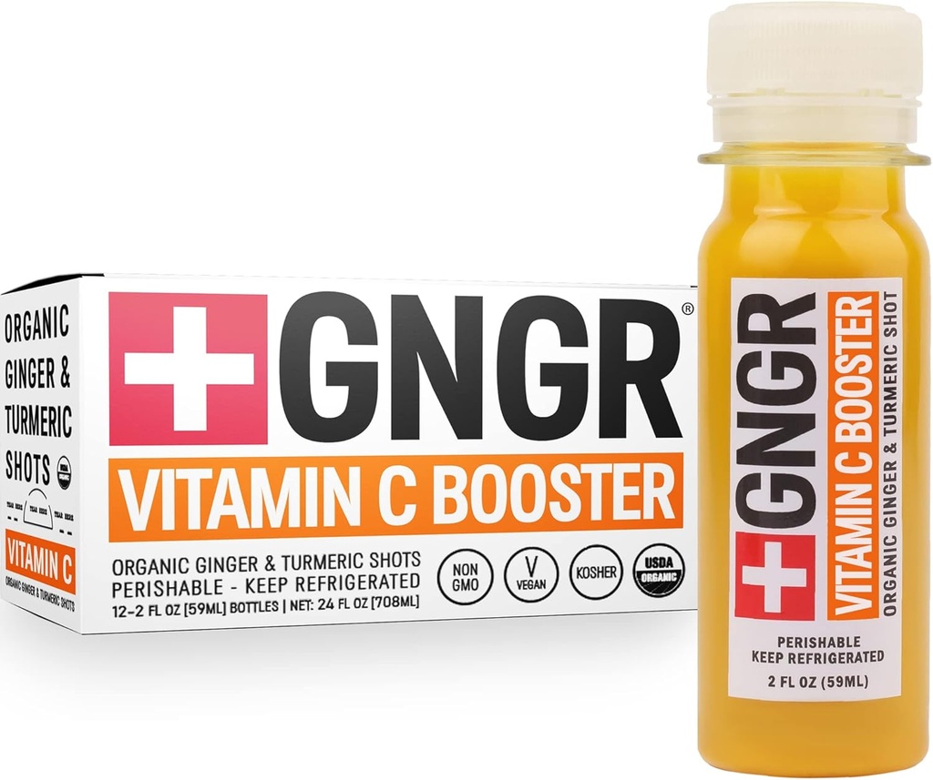 +GNGR Vitamina C Imunitate Booster Ginger presat la rece Shot cu Turmeric, Cayenne, Acerola, Imunitate Shot cu suc de ghimbir peruvian pentru tot sprijinul imunitar natural și digestiv 2 fl oz (Pachet de 12)
