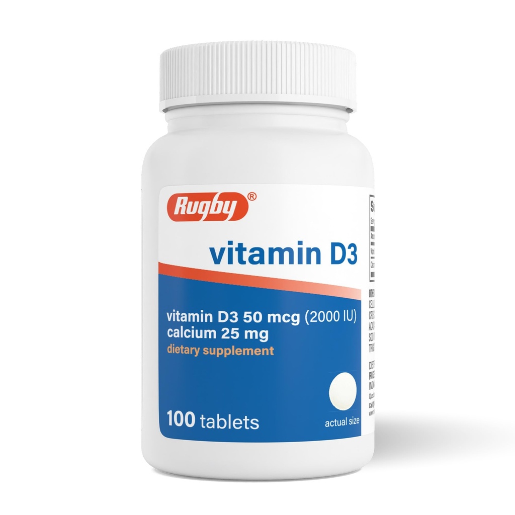 Rugby Vitamina D3 2000 UI (50 mcg) - Gluten-gratuit zilnic Vitamina D Supliment alimentar pentru oase, dinți și sănătate imună 100 comprimate