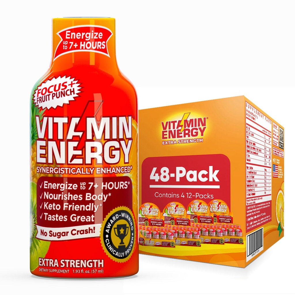 Vitamina Energie Focus+ Extra Putere Energie Shot Fructe Punch 48 Pack, 260mg Natural Cafeina, B-Vitamina, CoQ10, Aminoacidi, Focus, Productivitate & Claritate, Zero Zahăr, Gluten-Free, 1.93 fl oz