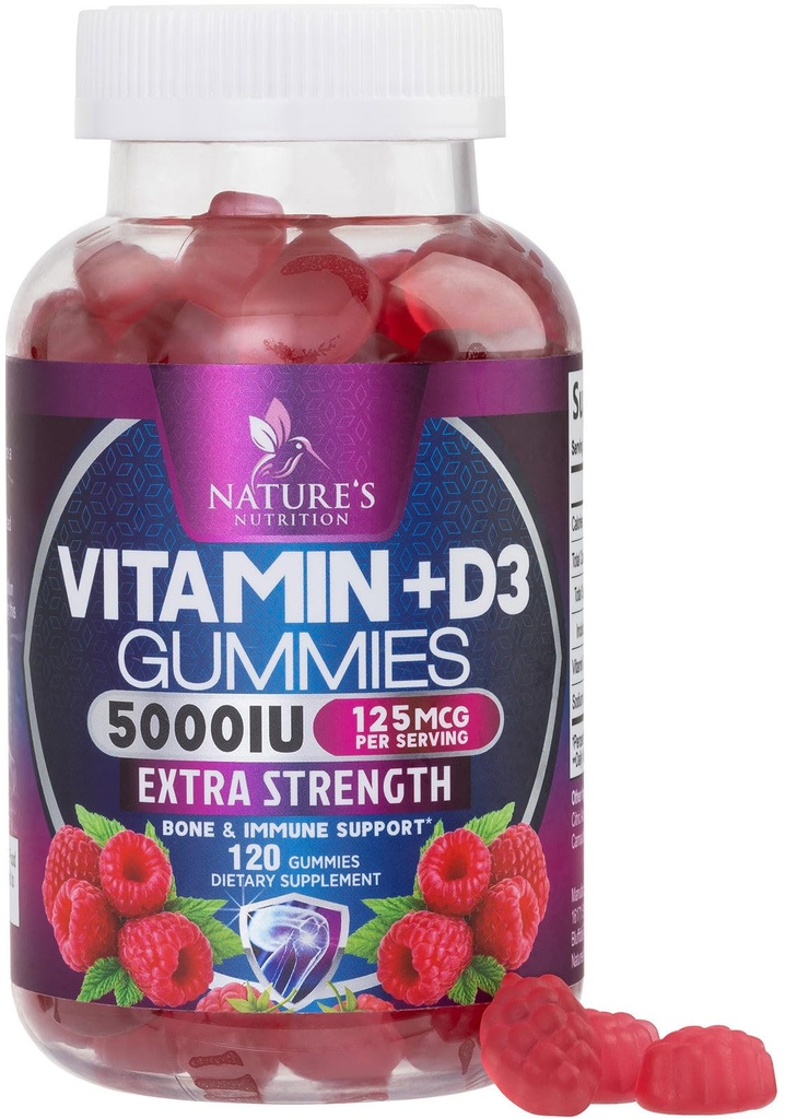 Vitamina D3 Suplimentul Gummy 5000 UI (125 mcg) Vitamine dietetice D pentru bărbaţi şi femei - Bone, Dinţi, Musculare şi Immune Health Support, Înalta Potenţă VIT D3 Natura Non-GMO & Gluten Free - 120 Gume