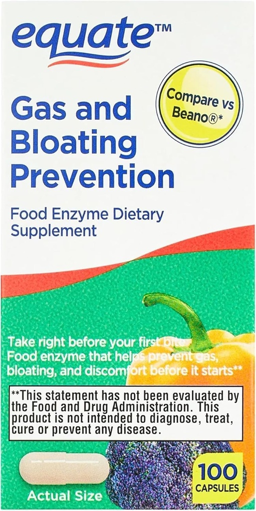 Equate Gas and Blooting Relief Prevention, Food Enzyme Supplement Capsule 100 Count (Pachet de 1)