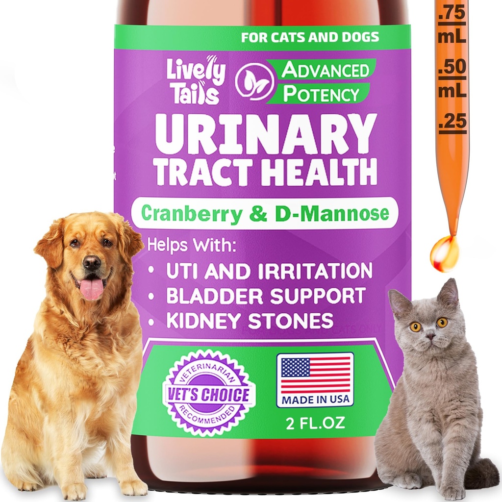 Natural Dog & Cat UTI Tratamentul cu Cranberry & D-Mannose, vezica urinara, Rinichi, Suport Incontinenta, Tract urinar sanatos pentru câini, Cel mai bun tratament de infectie cu tractul urinar Cat, Picături ușor de utilizat, 2 oz