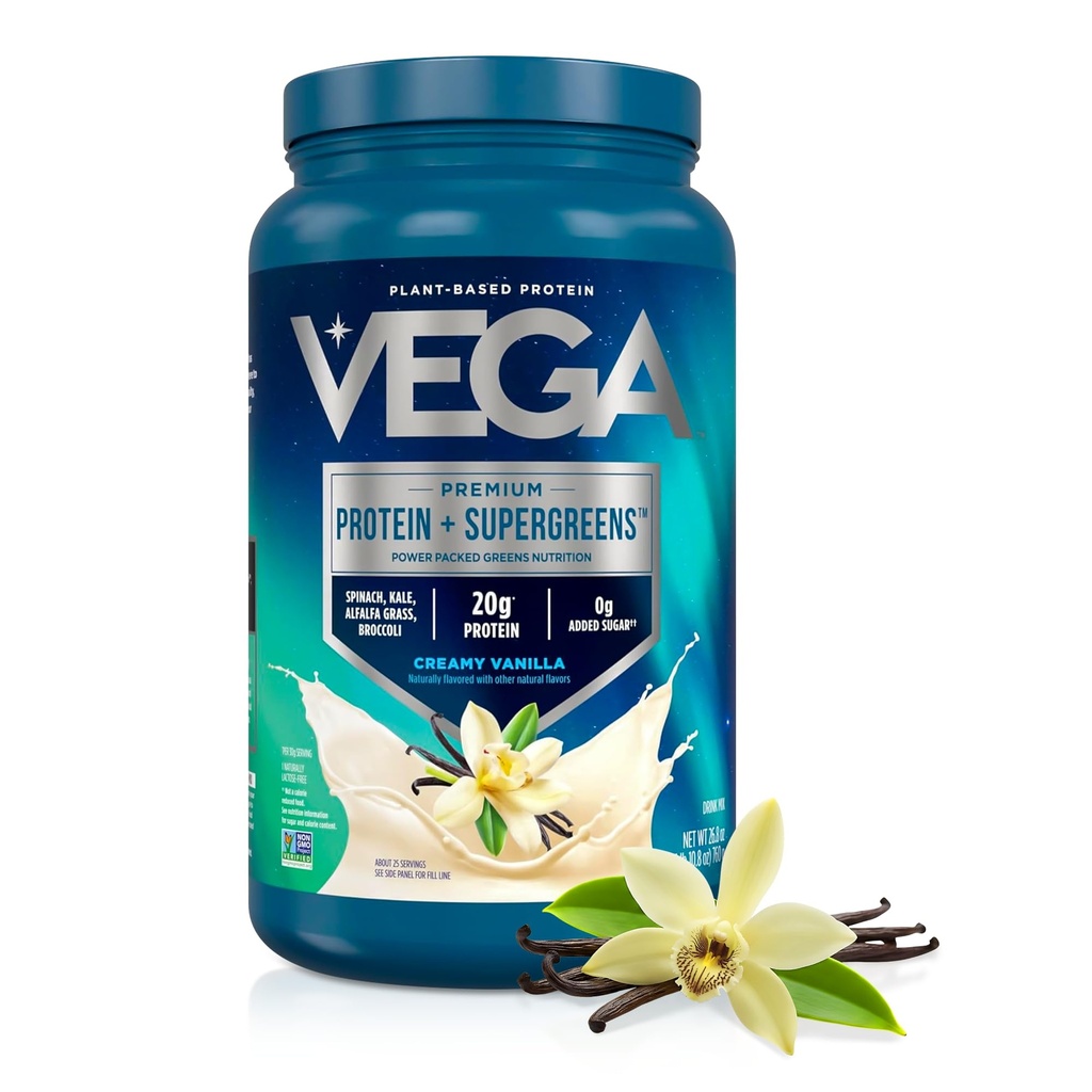 Proteina Vega Premium + Supergreens - 20g Proteina, Cremy Vanilla, 25 Servings, Spanac,Kale, Alfalfa Grass, Broccoli, 0g Zahăr adăugat, non-GMO, Gluten Free, Dairy Free, 1.68 lbs (Packing May Vary)