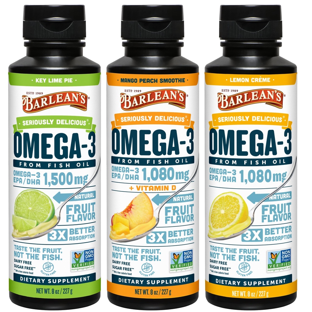 Barlean Omega 3 supliment lichid ulei de pește 3-Flavor Variety Pack pentru bărbați și femei, EPA și DHA acid gras, include Key Lime Pie, Lemon Creme și Mango Peach Arovă, 8 oz