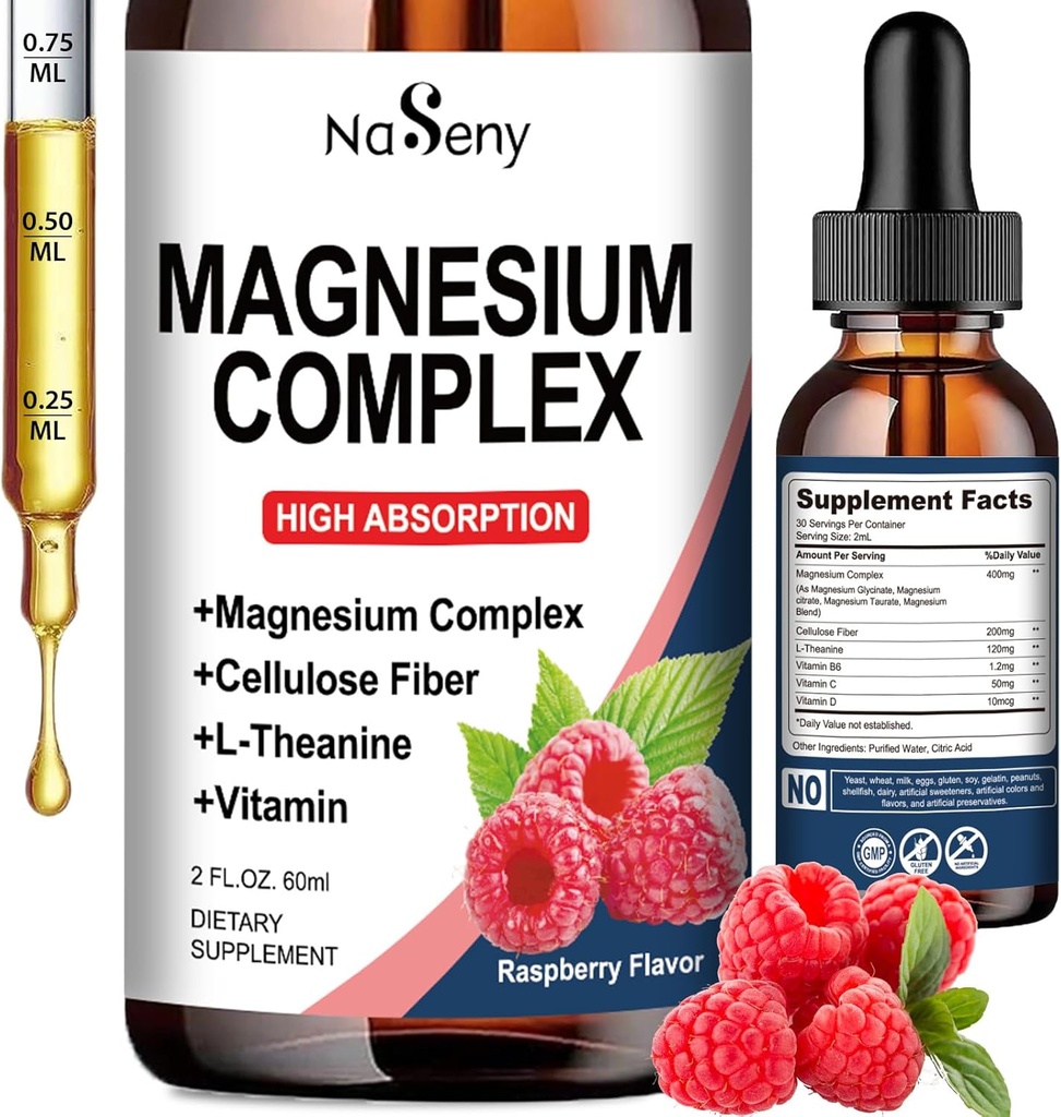 Supliment de complex de magneziu, 400 mg de glicinat de magneziu, amestec de vitamine Malate & Citrate pentru femei și bărbați, absorbție ridicată - pentru relaxare, somn bun și sănătate nervoasă (60ML/Zmeură)
