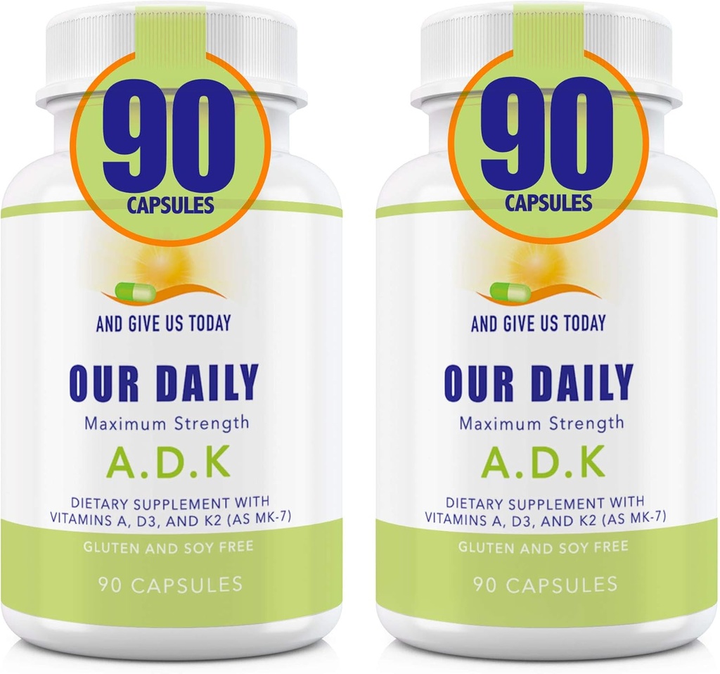 Suplimentul nostru zilnic Vites ADK - Vitamina A, D3 & K2 (ca MK7) - Bone, Sistemul imunitar de suport - Vitamine de mare potenta cu ingrediente non OMG - Capsule vegetale fără gluten, Soy gratuit 180 CT