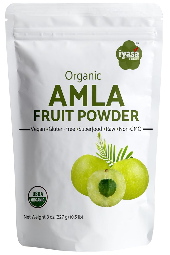 Iyasa Holistics Organic Amla Fruit Powder, Amalaki Berry Powder, 8 uncii /226 gm, Raw Superfood Pentru Piele și Păr, Pouch recuperabil