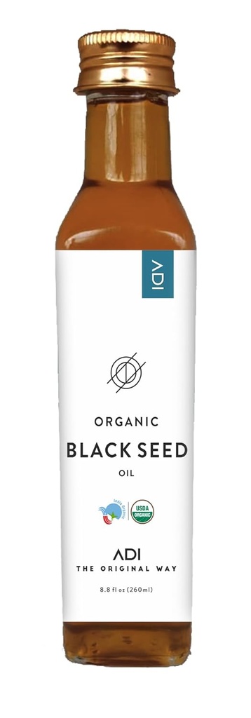 ADI Natural Black Seed Oil 8,8 oz, 100% ulei lichid nerafinat la rece presat, sticla de sticla, USDA Certified, Nigella Sativa, bogat în Omega 3-6-9