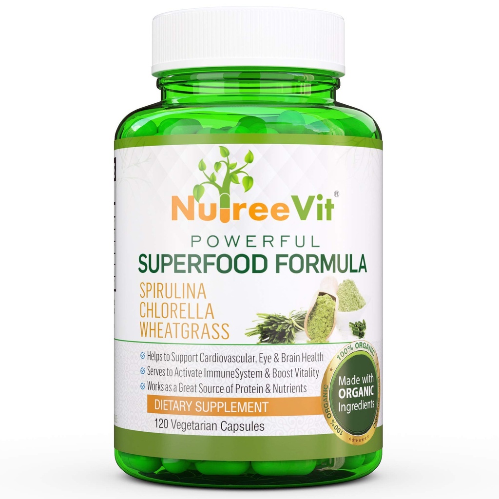 NutreeVit Pure 100% Spirulina organică + Chlorella + Wheatgrass - Booster de energie, Suport imunitar, Antioxidant Superalimentar Puternic - Capsule Veggie 500mg