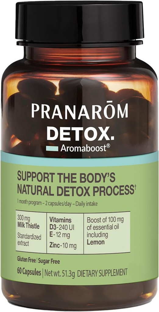 Pranarom - Aromaboost Detox Suplimentul Herbal - Elimină Toxine și drenează Corpul - Mulge și zinc - Vitamine D3 și E - Ulei esențial de lamaie - 60 Conte