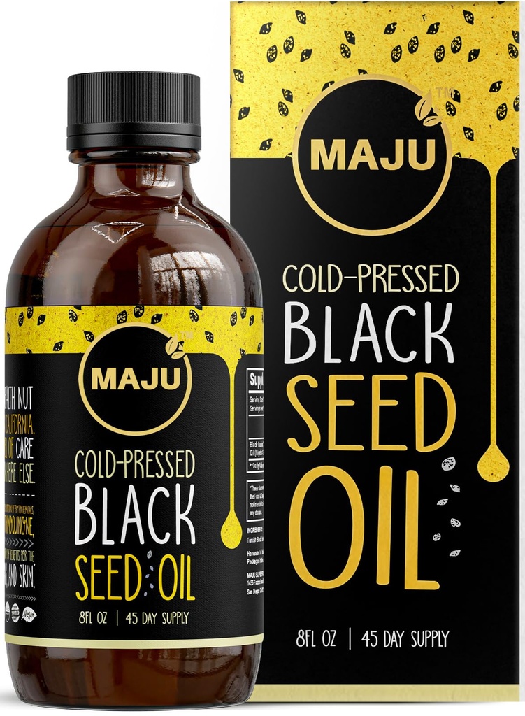 Ulei de semințe negru MAJU - 3 ori Thymochinonă, presat la rece, 100% ulei turcesc de semințe de chimen negru, lichid ulei de semințe negre pure, sticlă, 8 oz
