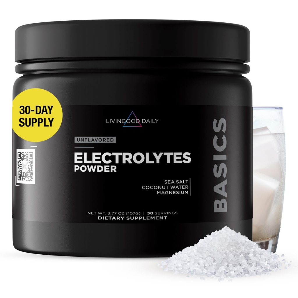 Livingood Daily Electrolytes Powder, Electroliti Hydration Powder cu Magensium, Potasiu, Sare de mare și apă de nucă de cocos Electroliți gratuit Băutura Mix, Keto, Gluten gratuit, Nearomat, 30 Serviri