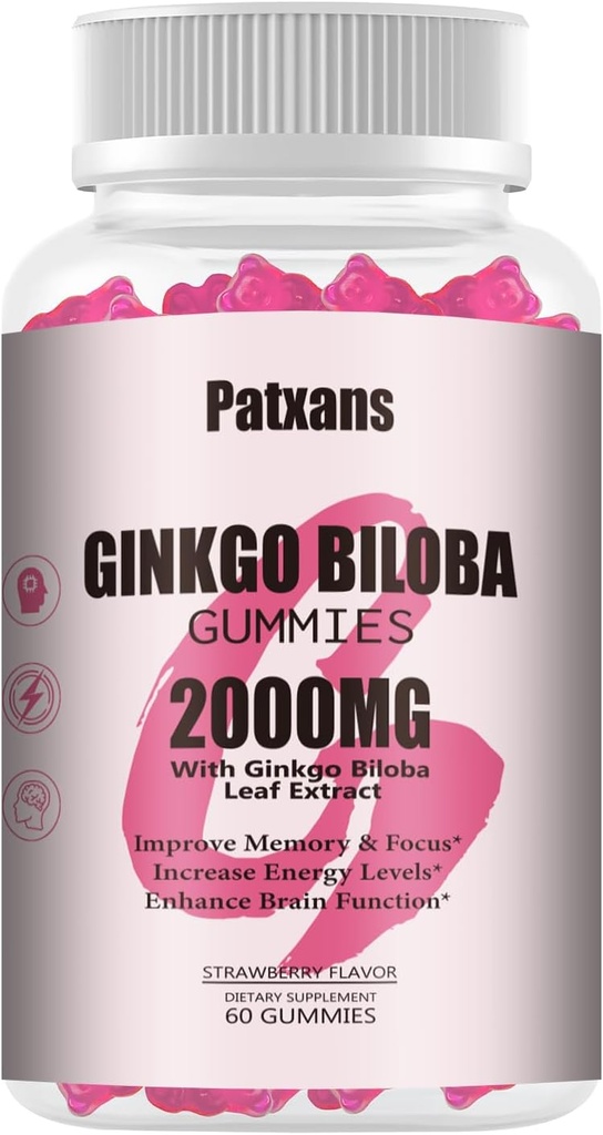 1 Pack 2000mg Ginkgo Biloba Gummies - Ginkgo Biloba Suplimente pentru Brain Health Support, Îmbunătățiți Mood și Focus, Energie, Adult, Aroma de căpșuni, 60 Conte