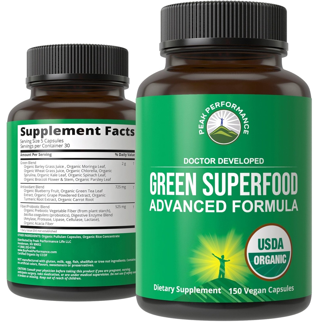 Super Greens organice 150 capsule - Green Juice Superfood Supliment cu 25 Toate ingrediente organice naturale. Pastile Max Energy si Detox Super Food cu Spirulina, Spanac, Kale, Turmeric, Probiotice