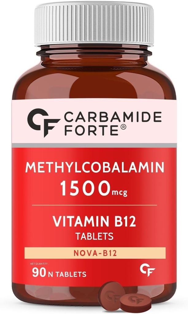 Generic Carb-Amide Forte Vitamina B12 comprimate 1500mcg - Forma activă de metilcobalamină B12 Supliment pentru bărbați și femei - 90 Veg comprimate