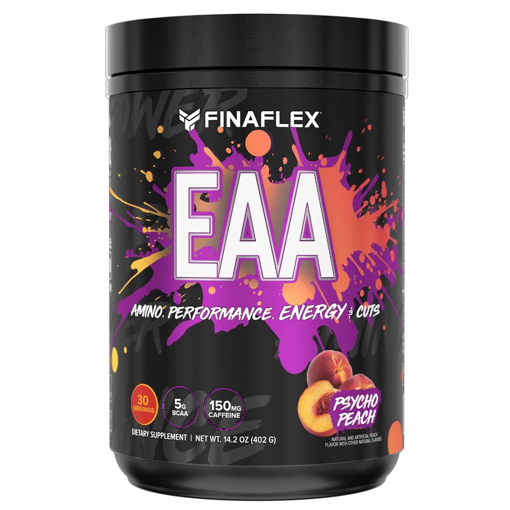 FINAFLEX EAA, Psycho Peach - 14,2 oz - Promovează performanța, energia și reducerile - cu BCAAs, L-glutamină, L-Arginină, Acetil-L-Carnitină și Cafeină - 30 Serviri
