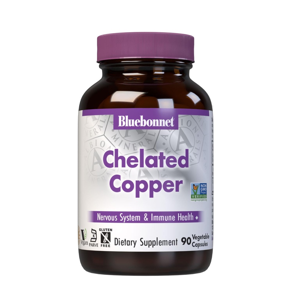 Bluebonnet Nutrition Albion Cupru Chelated, 3 mg de cupru, pentru sistemul nervos și sănătatea imună*, Soy-Free, Gluten-Free, non-GMO, Kosher Certified, Dairy-Free, Vegan, 90 Capsule vegetale, 90 Servings