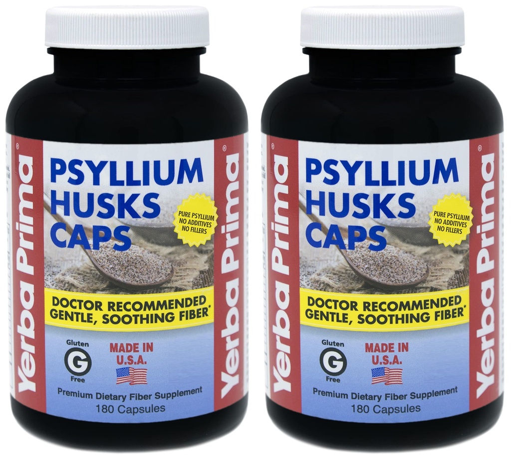 Yerba Prima Psyllium Husk Caps - 180 capsule (Pachet de 2) - Ușor de înghițit fibra Supliment - Colon Cleanse - Sanatate Gut - Non-GMO Gluten gratuit