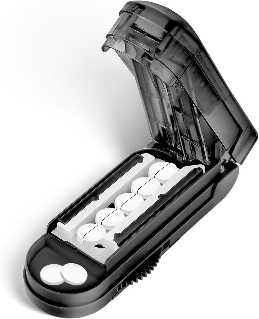 DUBSTAR Pill Cutter Splitter pentru pastile mici și mici, cuttere pastile multiple pentru pastile mici sau mari, Splitter Pilula reglabil cu dispozitiv de centrare și Garda lamei pentru tablete multiple (negru)