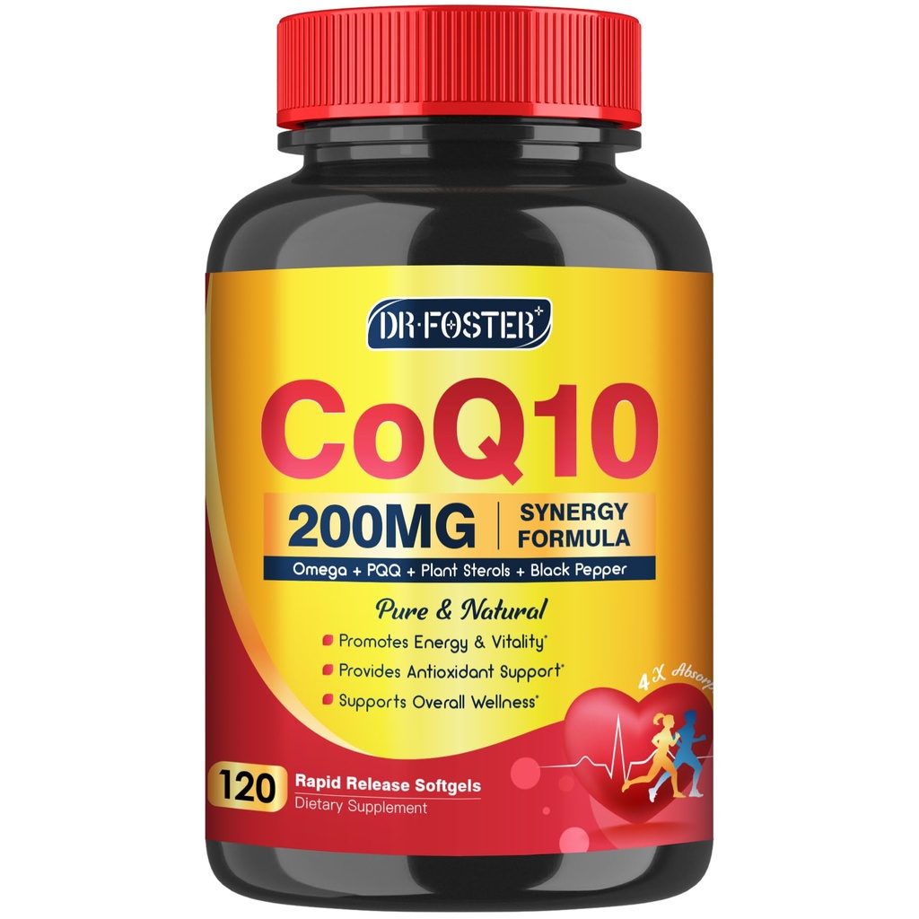 CoQ10 200mg Softgels cu vitamina E & Omega 3-6 -9 & PQQ - Coenzime de înaltă absorbţie Q10 cu bioperină 