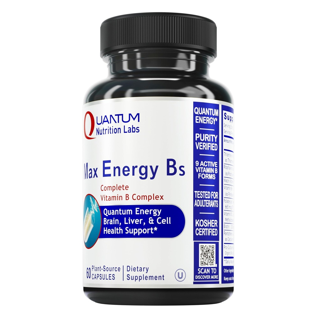 Laboratoarele de nutriţie cuantică Max Energy Bs - Complexul de vitamina B, Vitaminele B metilate cu vitamina B1, B6, B12, Tiamin, Folate şi Biotin - 60 Capsule vegetariene