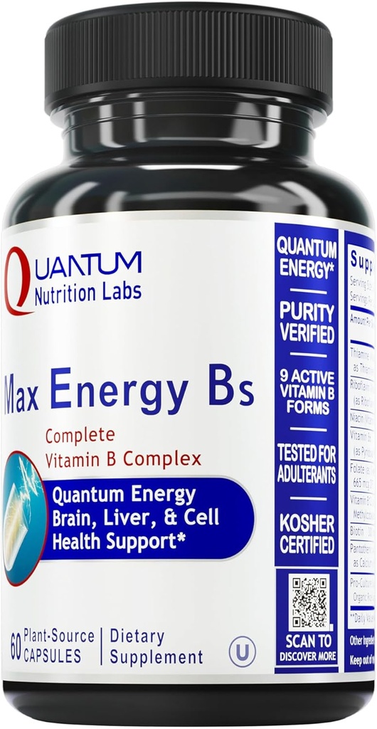 Laboratoarele de nutriţie cuantică Max Energy Bs - Complexul de vitamina B, Vitaminele B metilate cu vitamina B1, B6, B12, Tiamin, Folate şi Biotin - 60 Capsule vegetariene