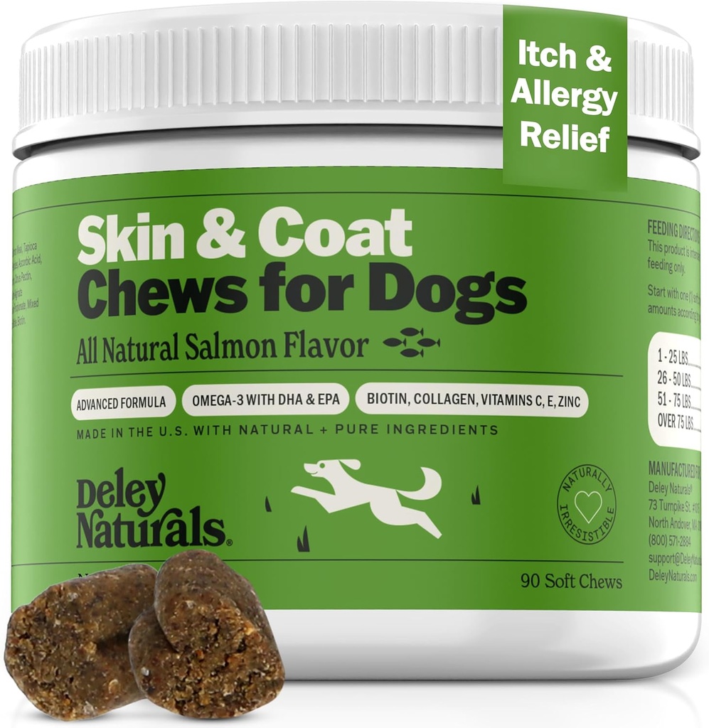 Deley Naturals Skin & Coat Chews - Dog Alergie Chews cu ulei de pește Omega 3, Biotin, Colagen și vitamine esențiale - Suporturi Mâncărime câine relief piele, Reduce uscarea și haine sănătoase - Made in USA