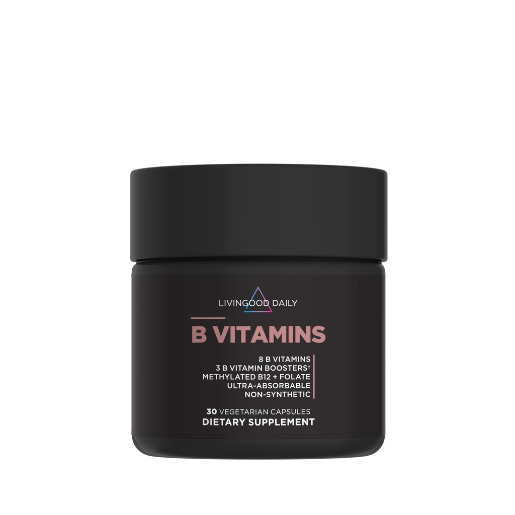 Livingood Daily Vitamina B Capsule complexe pentru bărbați și femei, B12 și Folat metilat, 11 forme active, inclusiv B1 B2 B3 B5 B6 și Biotină, Gluten gratuit, Vitamine Vegan B pentru unghiile pielii parului, 30 capsule