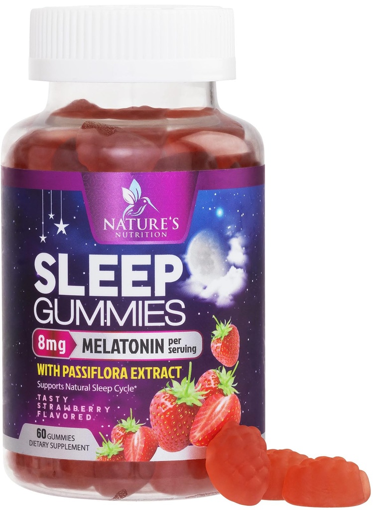 Gume de somn pentru adulti Extra Putere 8mg - Melatonina cu extract Passiflora pentru somn odihnitor - Melatonina rapid acting Sleep Gummy Supliment, Vegan, Non-GMO, Aroma de capsuni gustoase - 60 Gummies