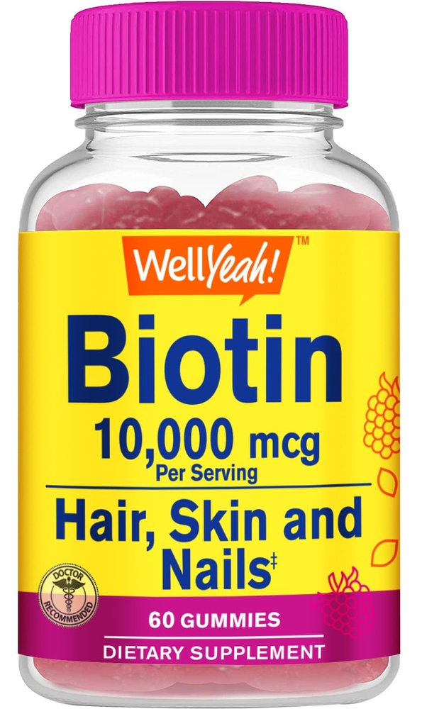 Ei bine, mare potenta Biotin 10.000 mcg Gummies - pentru parul mai puternic, piele si unghii - Vegan-Friendly, Gluten-Free, Non-GMO, si aroma delicioasa Berry - 60 Gummies